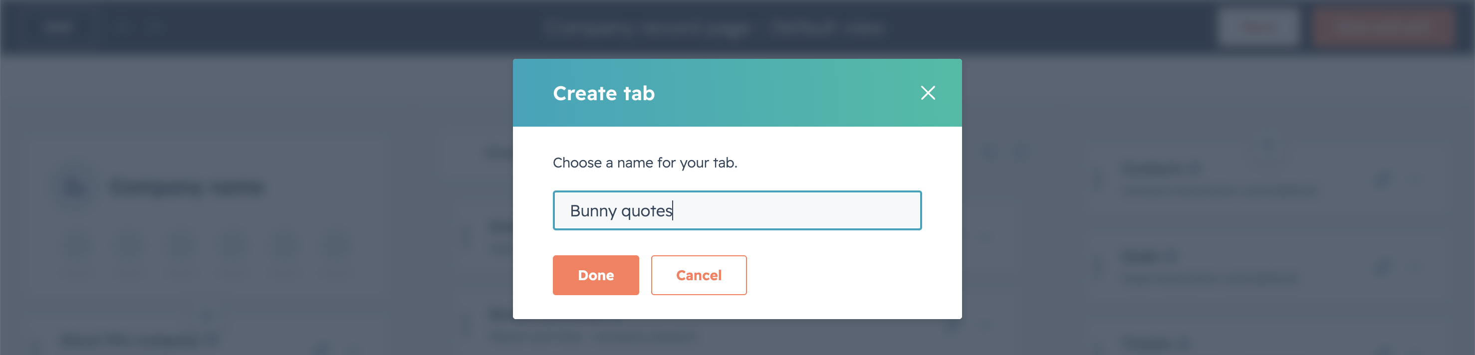 HubSpot Create tab dialog with the tab name Bunny quotes entered