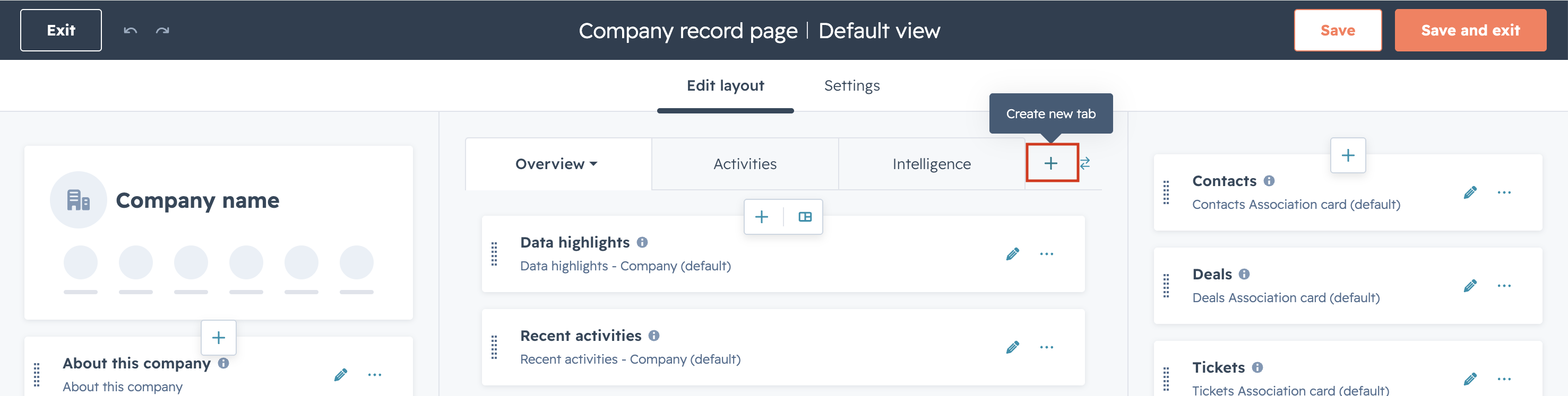 HubSpot Company record page layout editor with the + Create new tab button highlighted