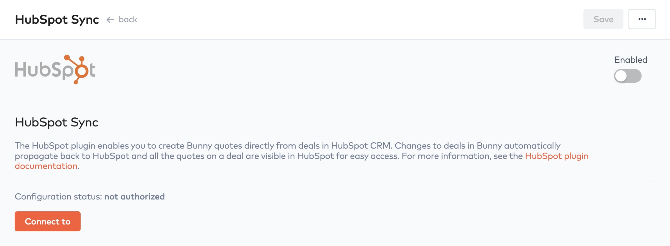 HubSpot Sync integration page in Bunny with the Enabled toggle, configuration status not authorized and Connect to button