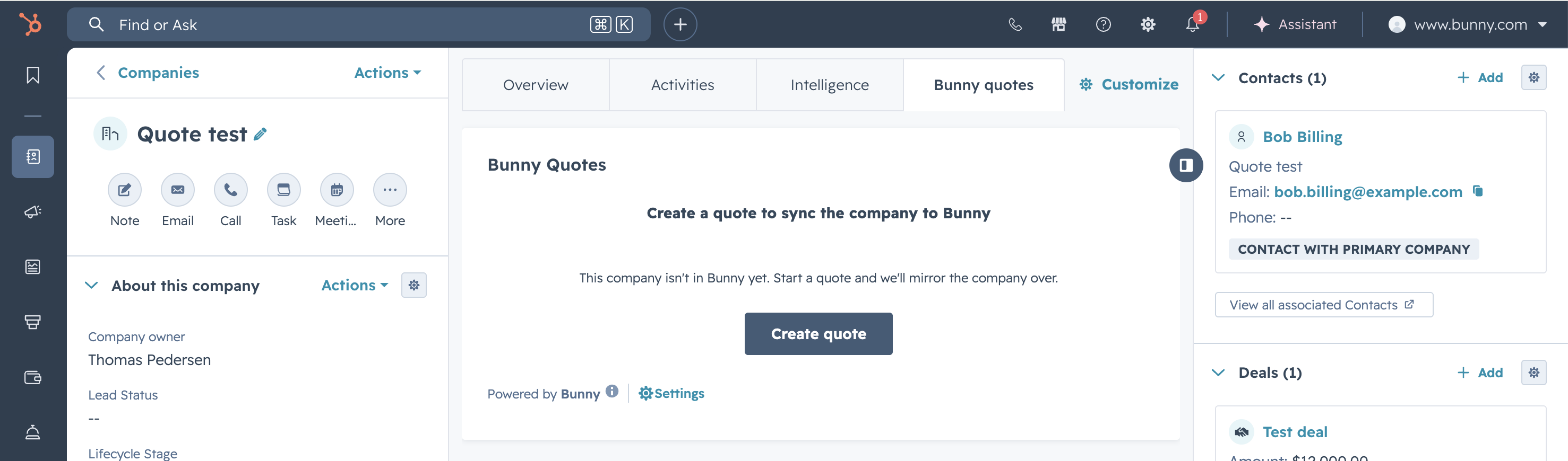 HubSpot company record showing the new Bunny quotes tab with the Bunny Quotes card and a Create quote button