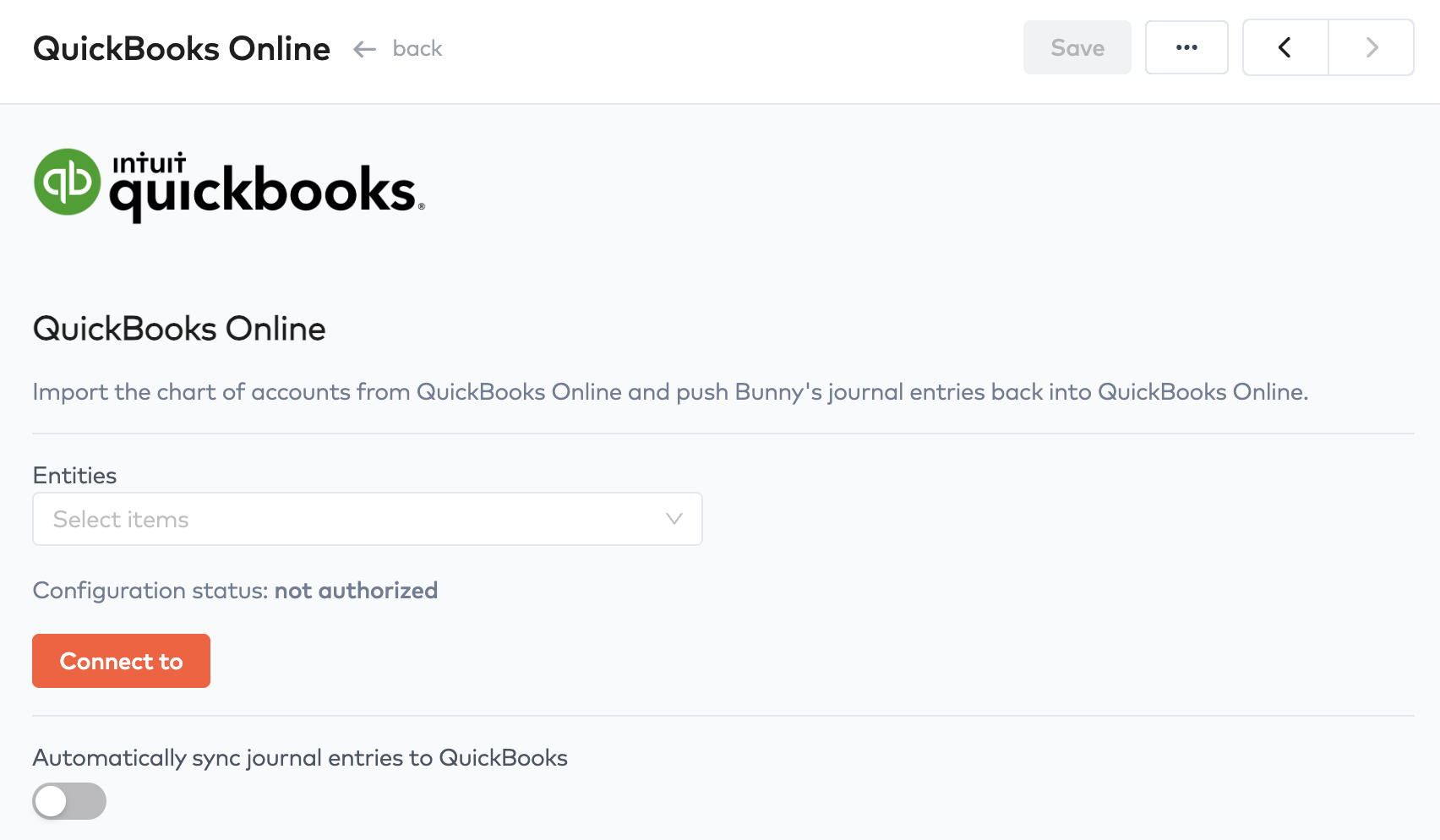 QuickBooks Online integration settings with Entities selector, Connect to button and journal entry auto-sync toggle