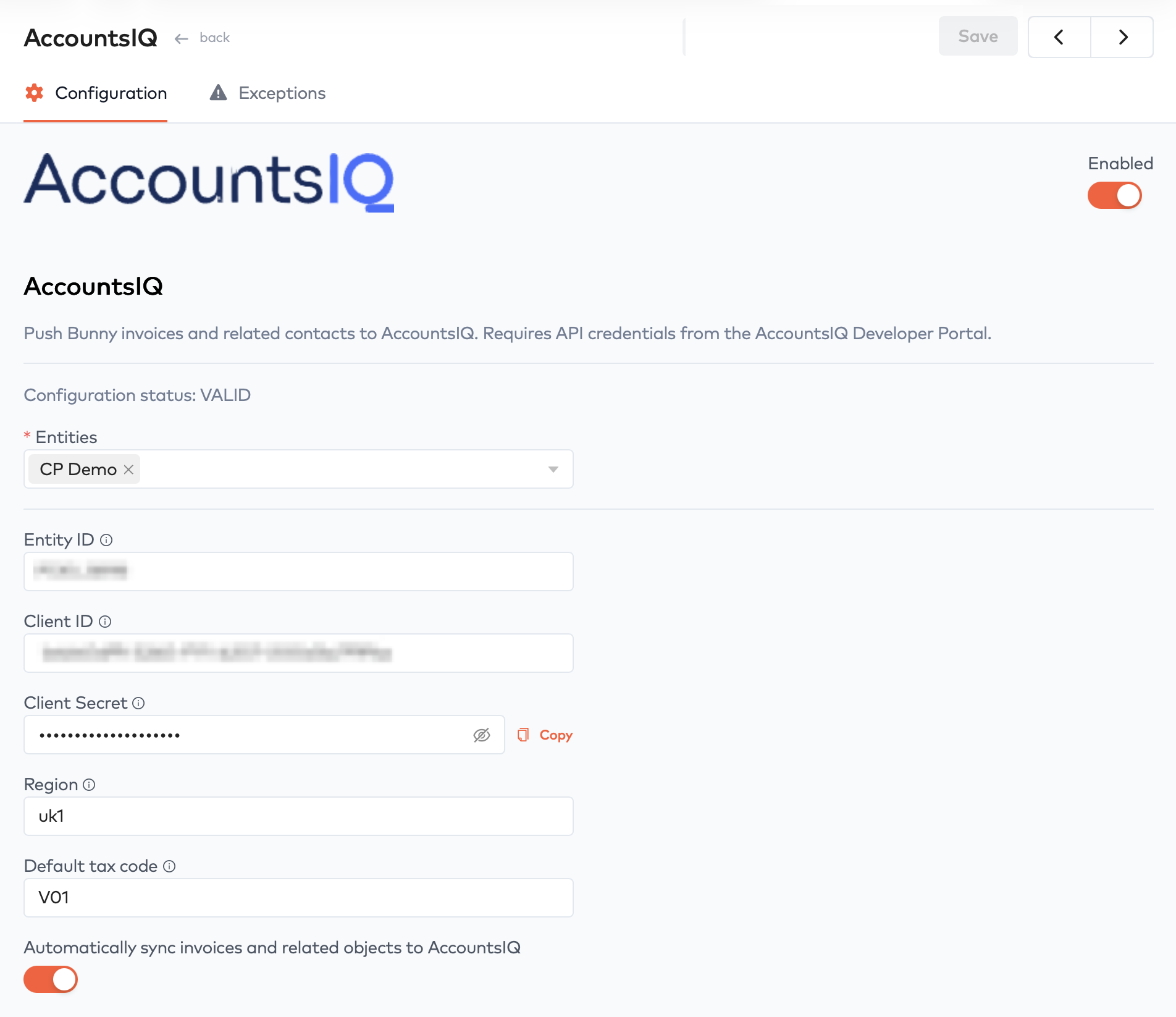 AccountsIQ integration configuration in Bunny with Entities, Entity ID, Client ID, Client Secret, Region and Default tax code