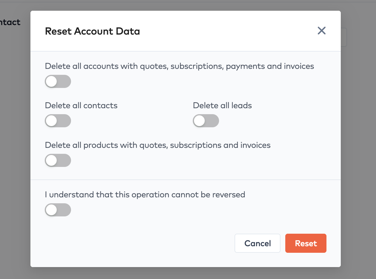 Reset Account Data dialog with toggles to delete accounts, contacts, leads and products, and a Reset button