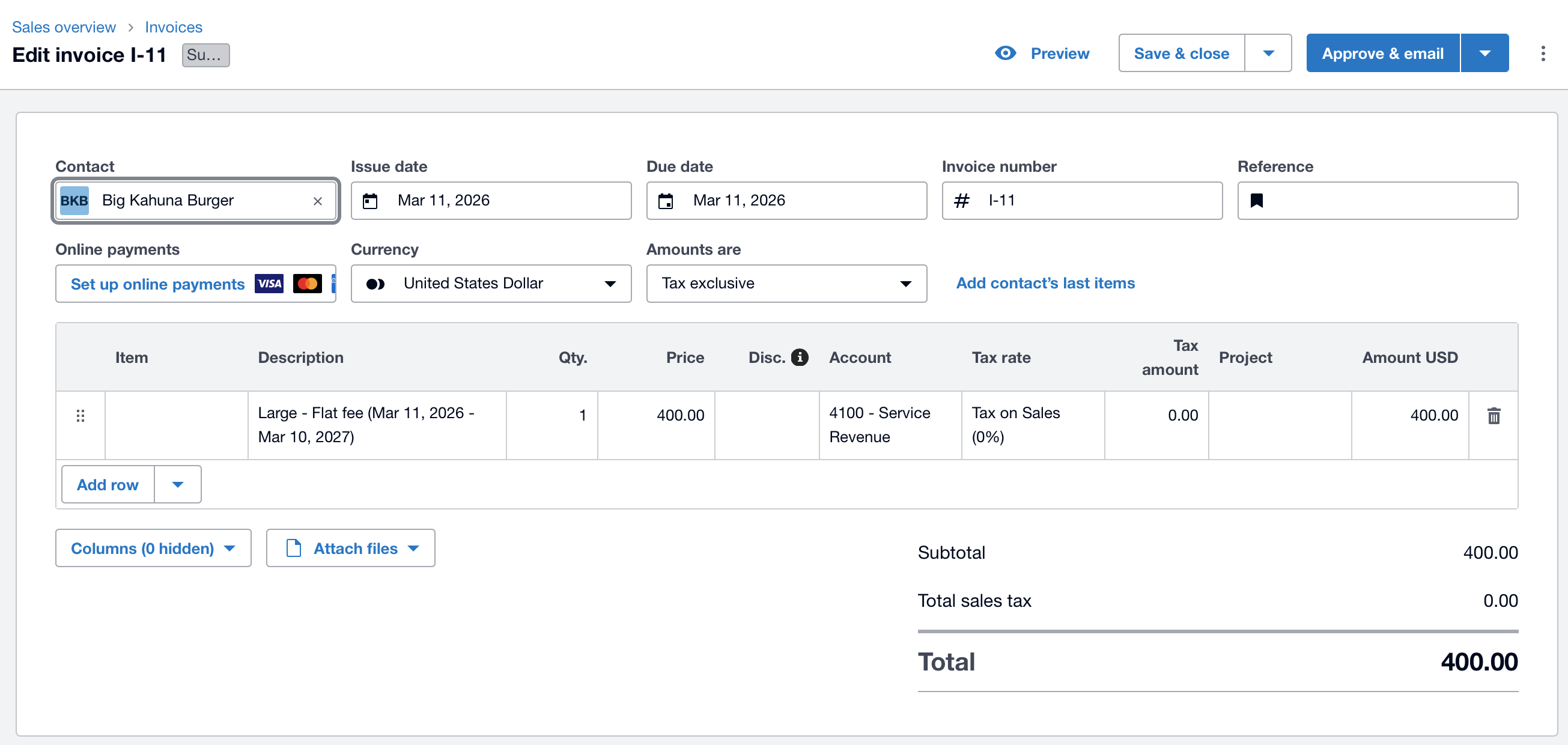 Draft invoice synced from Bunny shown in Xero's Edit invoice screen with contact, line item, account and totals