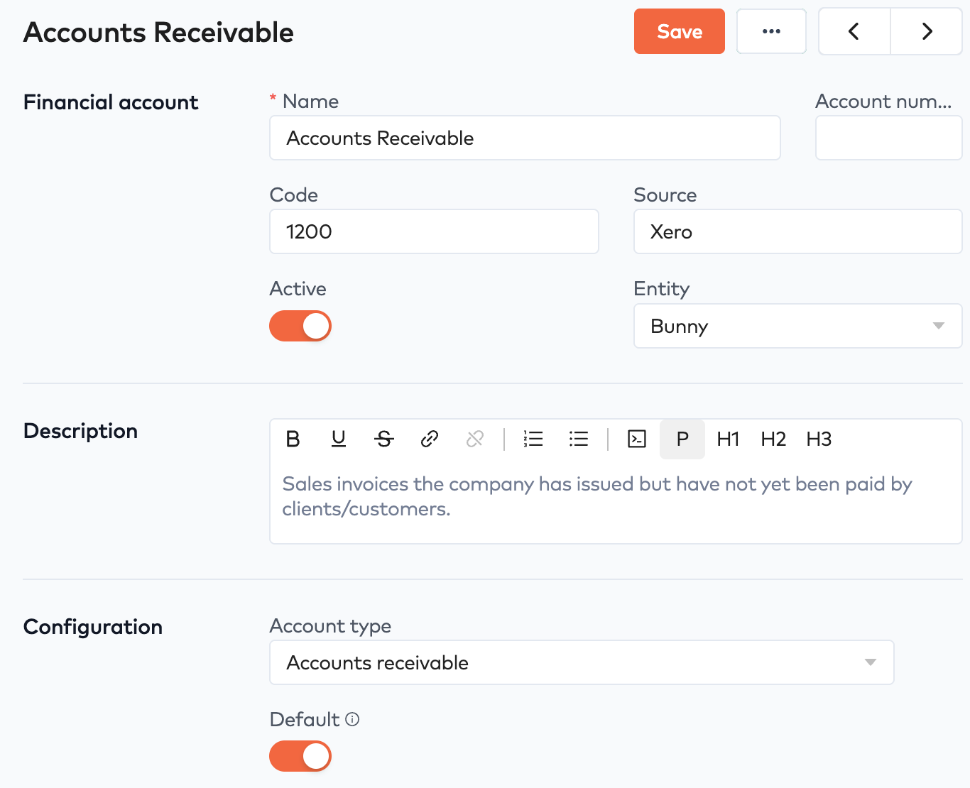 Accounts Receivable financial account imported from Xero with code 1200, account type Accounts receivable and Default on