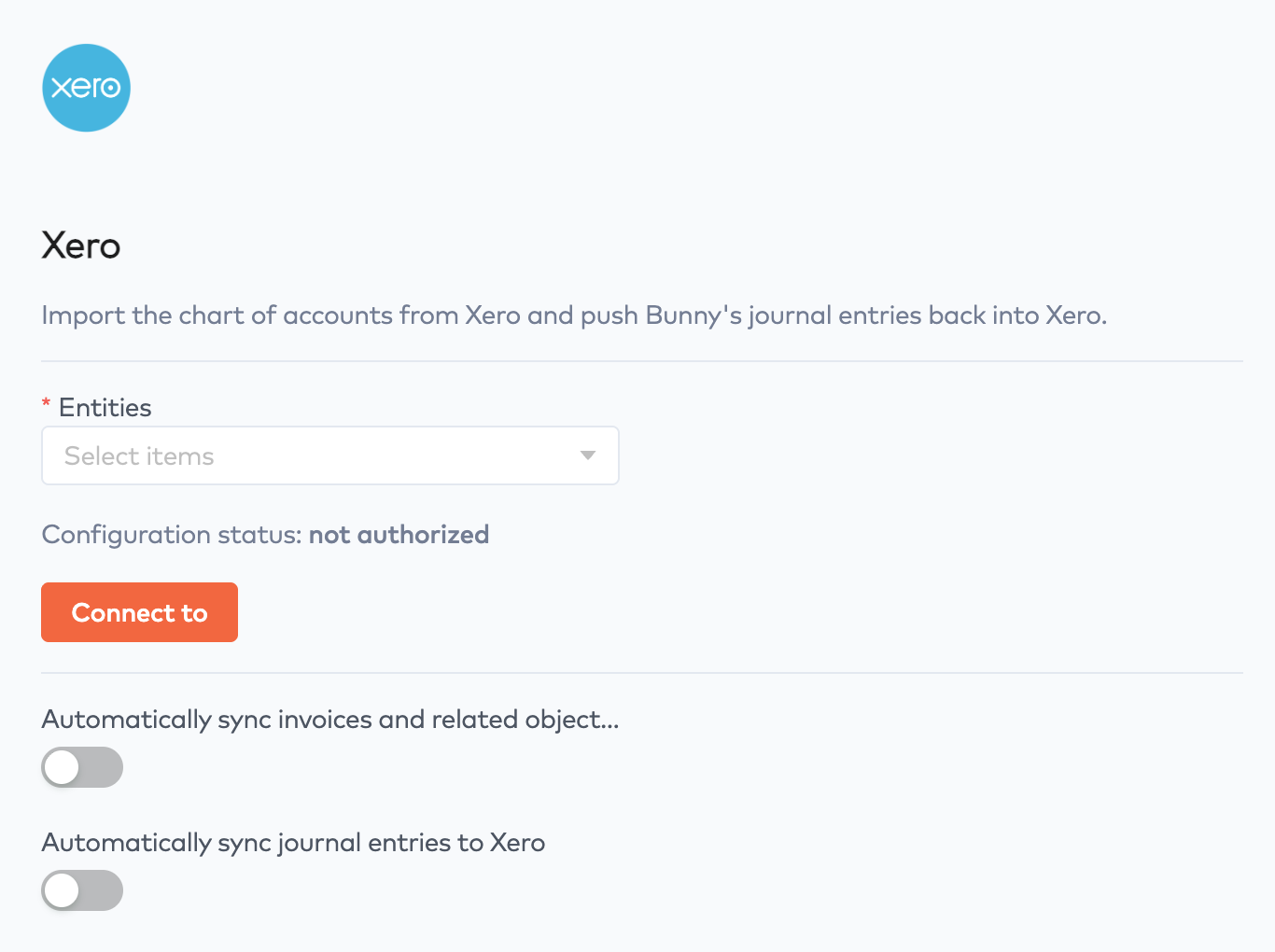 Xero integration configuration with Entities selector, Connect to button and toggles to sync invoices and journal entries