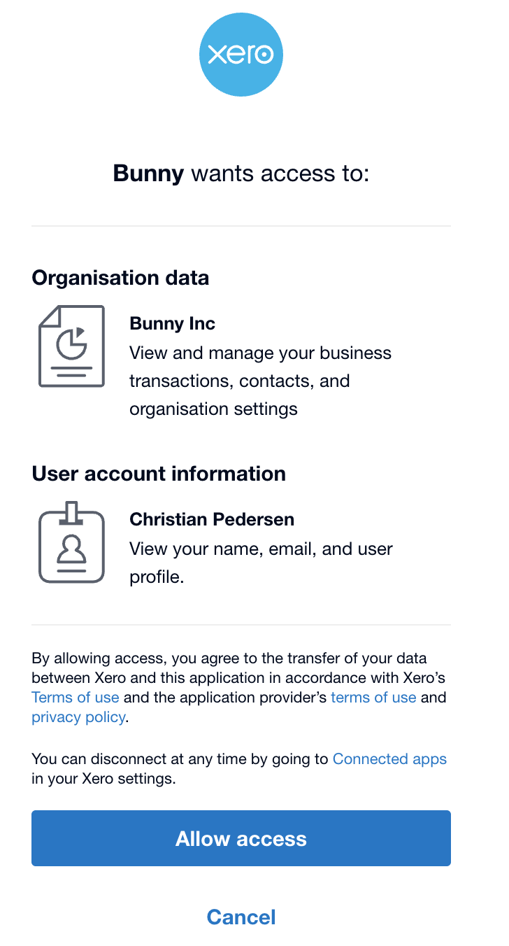 Xero authorization dialog listing the organisation and user data Bunny wants access to, with Allow access button