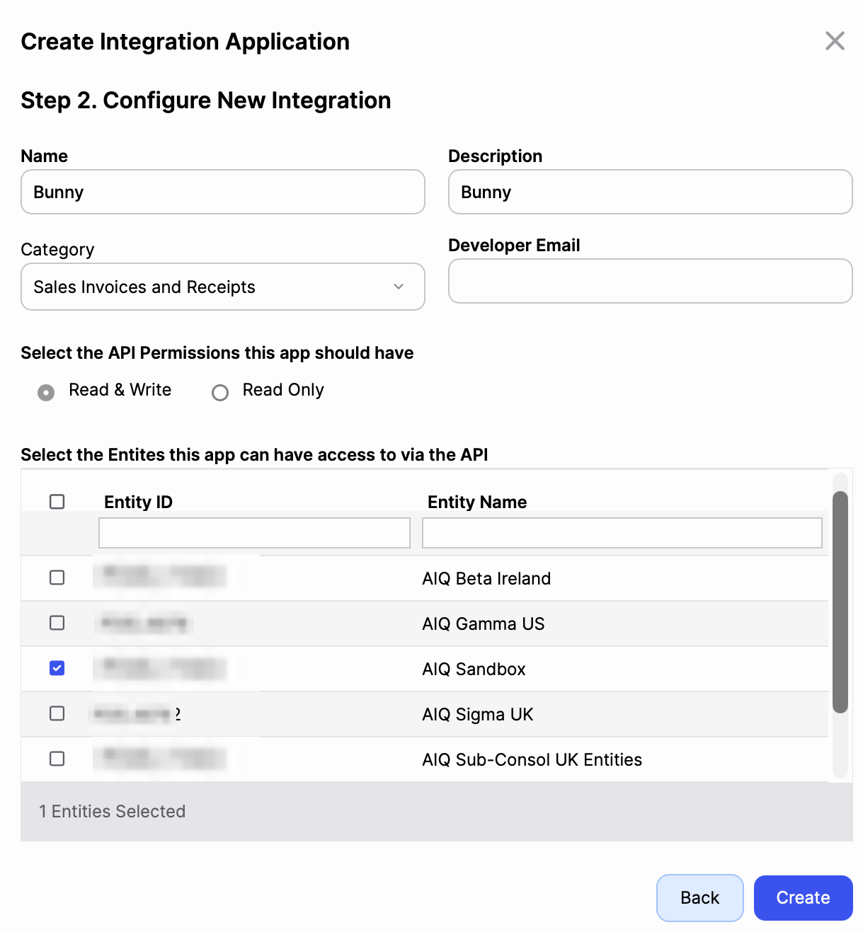 AccountsIQ Create Integration Application form with name Bunny, Sales Invoices and Receipts category, Read & Write and one entity