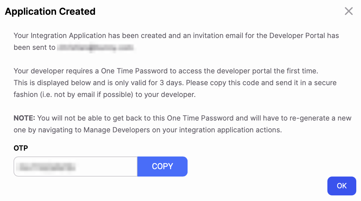 AccountsIQ Application Created modal showing the one-time password (OTP) with Copy and OK buttons