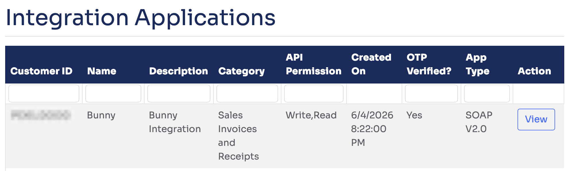 AccountsIQ Integration Applications list with the Bunny application and its View button