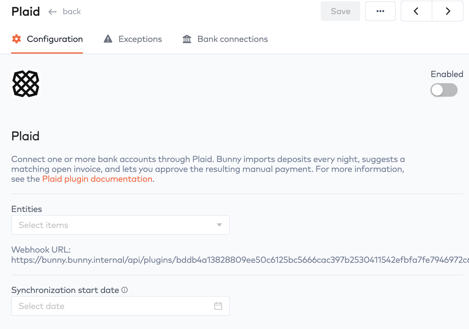 Plaid configuration tab with Enabled toggle, Entities dropdown, Webhook URL and Synchronization start date