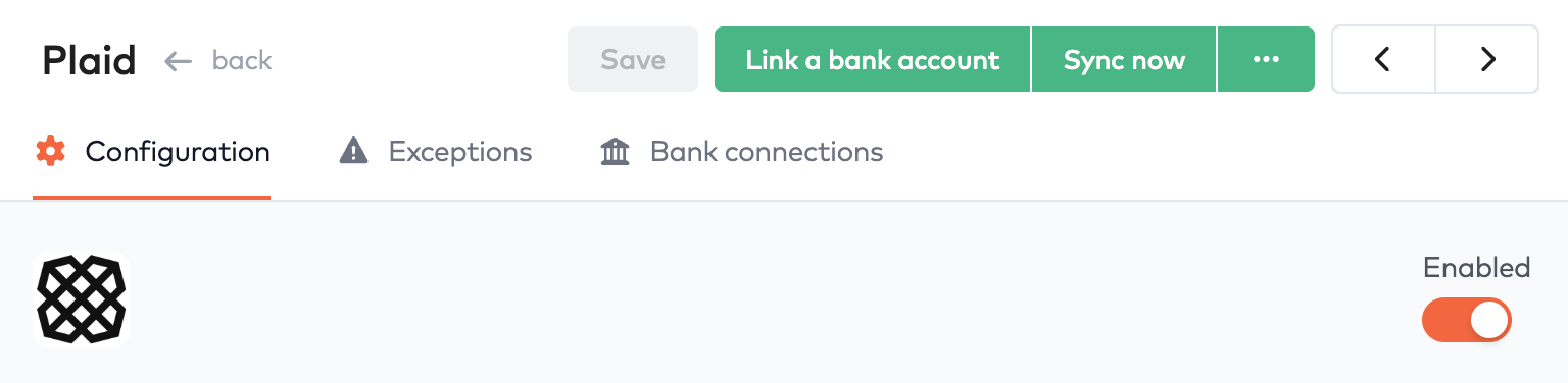 Enabled Plaid integration showing Link a bank account and Sync now buttons