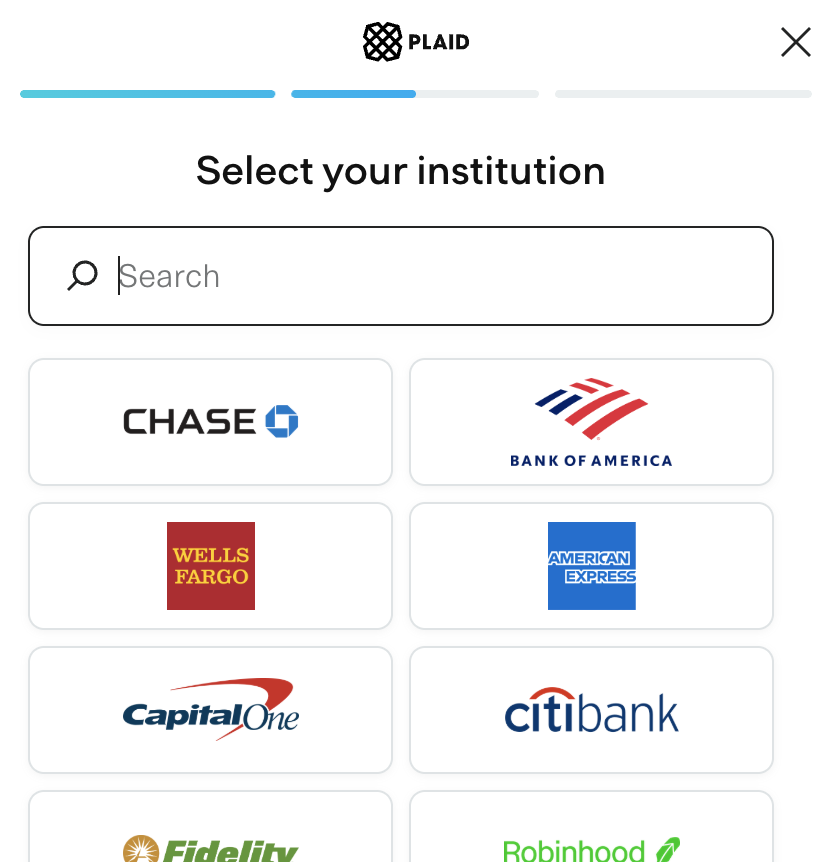 Plaid Select your institution screen with a search box and bank logos such as Chase and Bank of America
