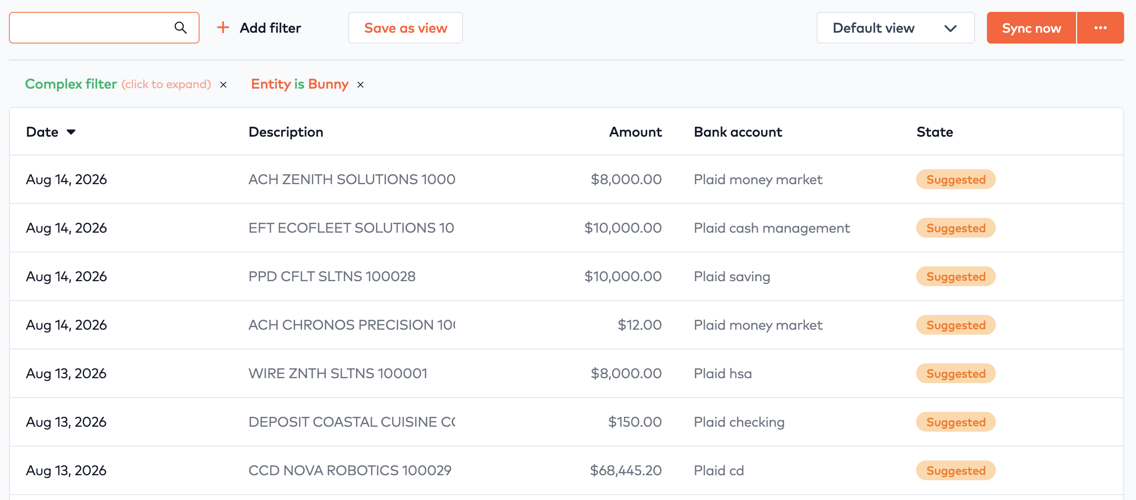 Bank transactions table with date, description, amount, bank account and Suggested state for each deposit