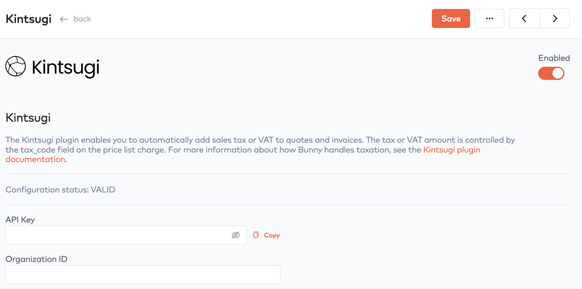 Kintsugi integration settings in Bunny with API Key and Organization ID fields, the Enabled toggle and Save button