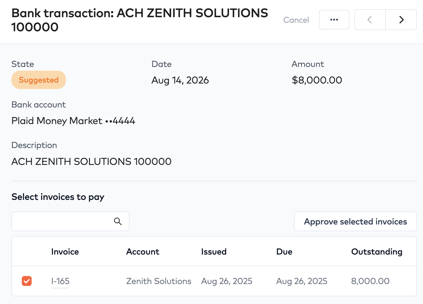 Bank transaction drawer in Suggested state with a matched invoice selected and Approve selected invoices button