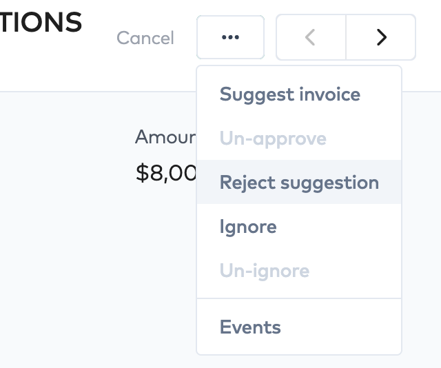 Bank transaction action menu with Suggest invoice, Un-approve, Reject suggestion, Ignore, Un-ignore and Events