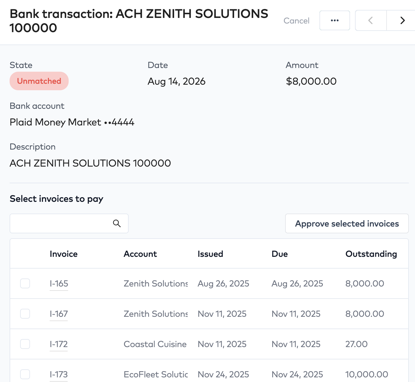 Unmatched bank transaction drawer listing unpaid invoices from all accounts under Select invoices to pay