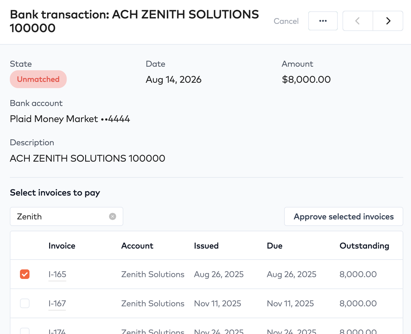 Unmatched transaction with invoices searched by Zenith and invoice I-165 checked for approval