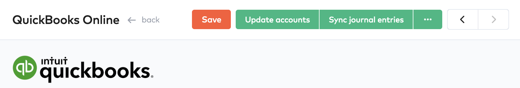 QuickBooks Online page header with Update accounts and Sync journal entries buttons