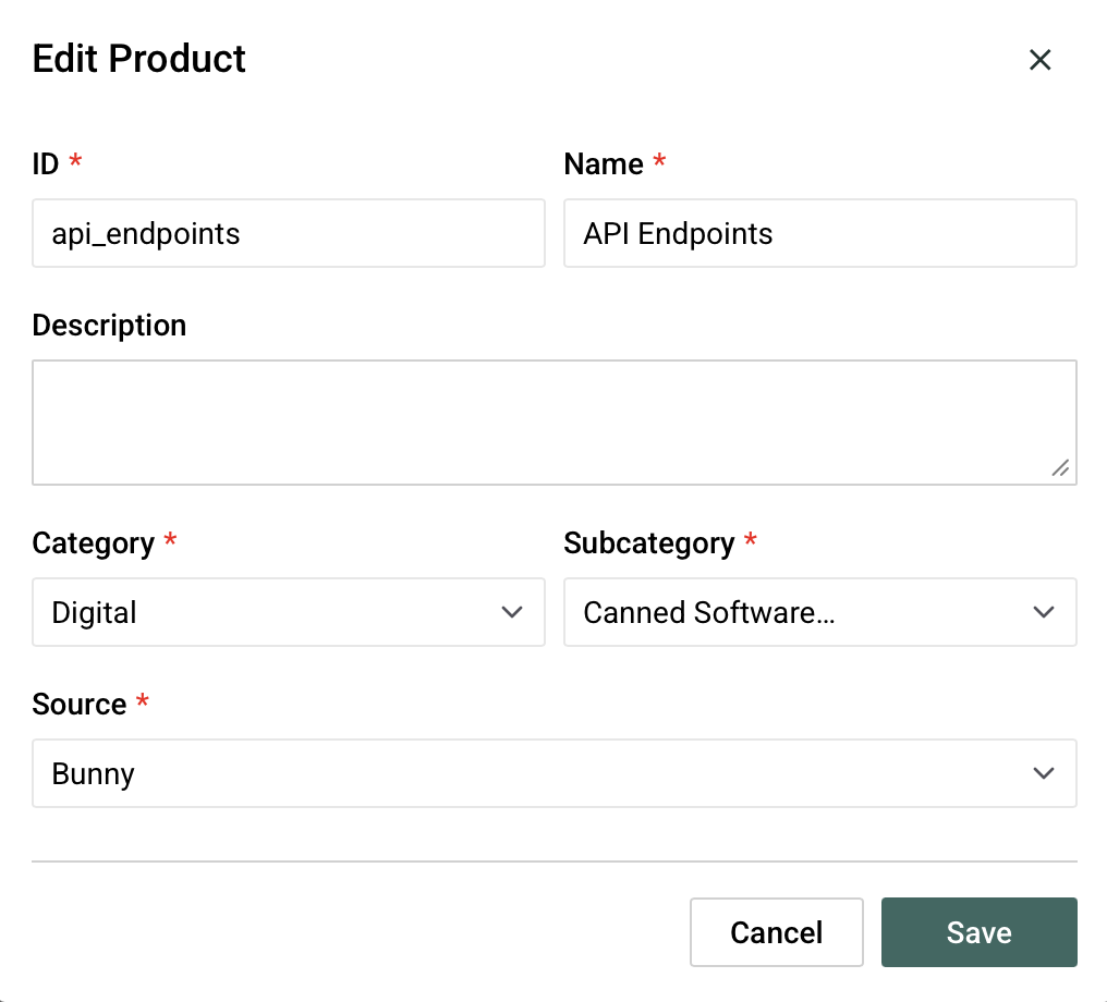 Kintsugi Edit Product dialog with ID api_endpoints matching the Bunny tax code, category Digital