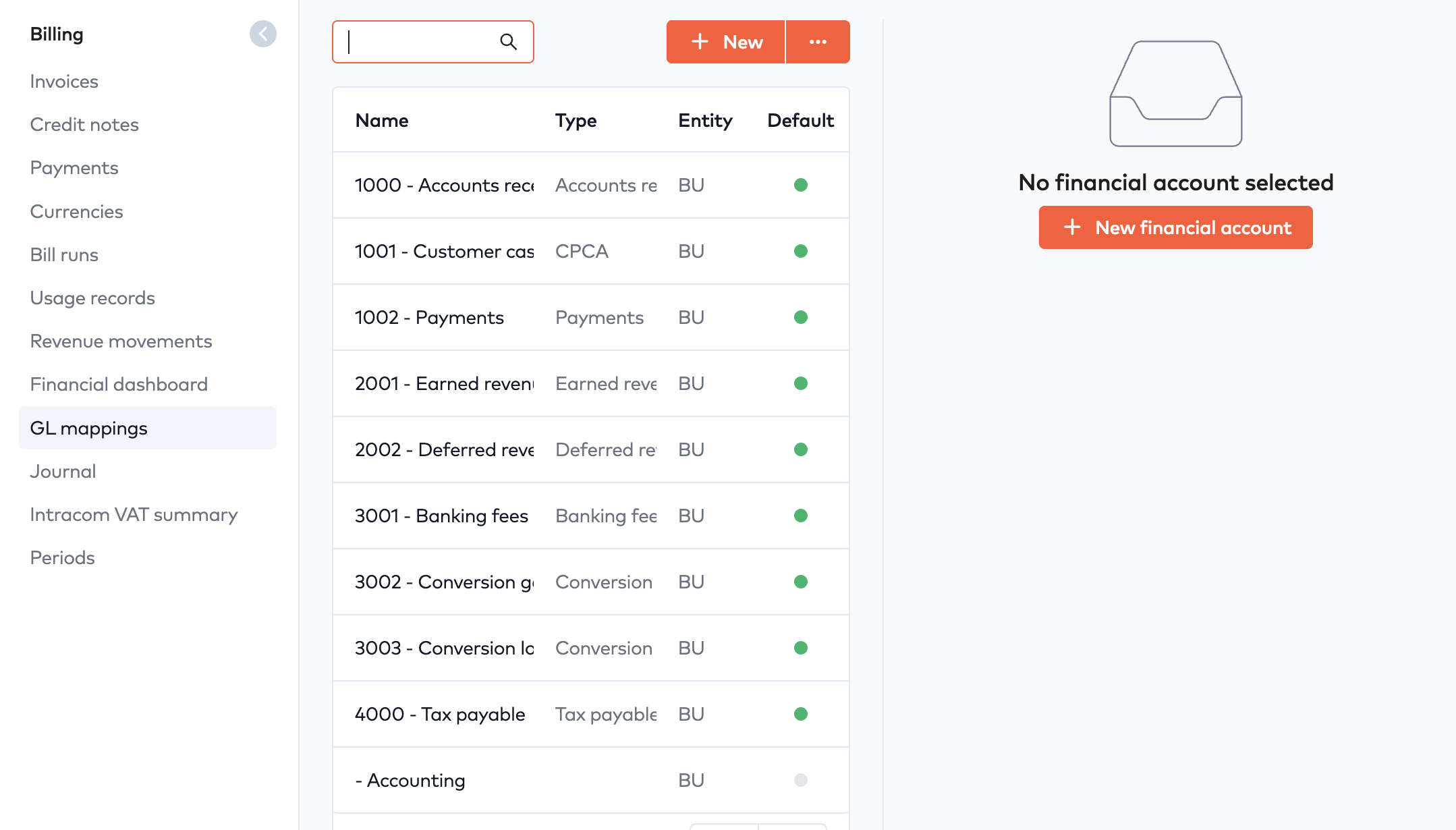 GL mappings list of default financial accounts 1000 to 4000 with type, entity and default columns