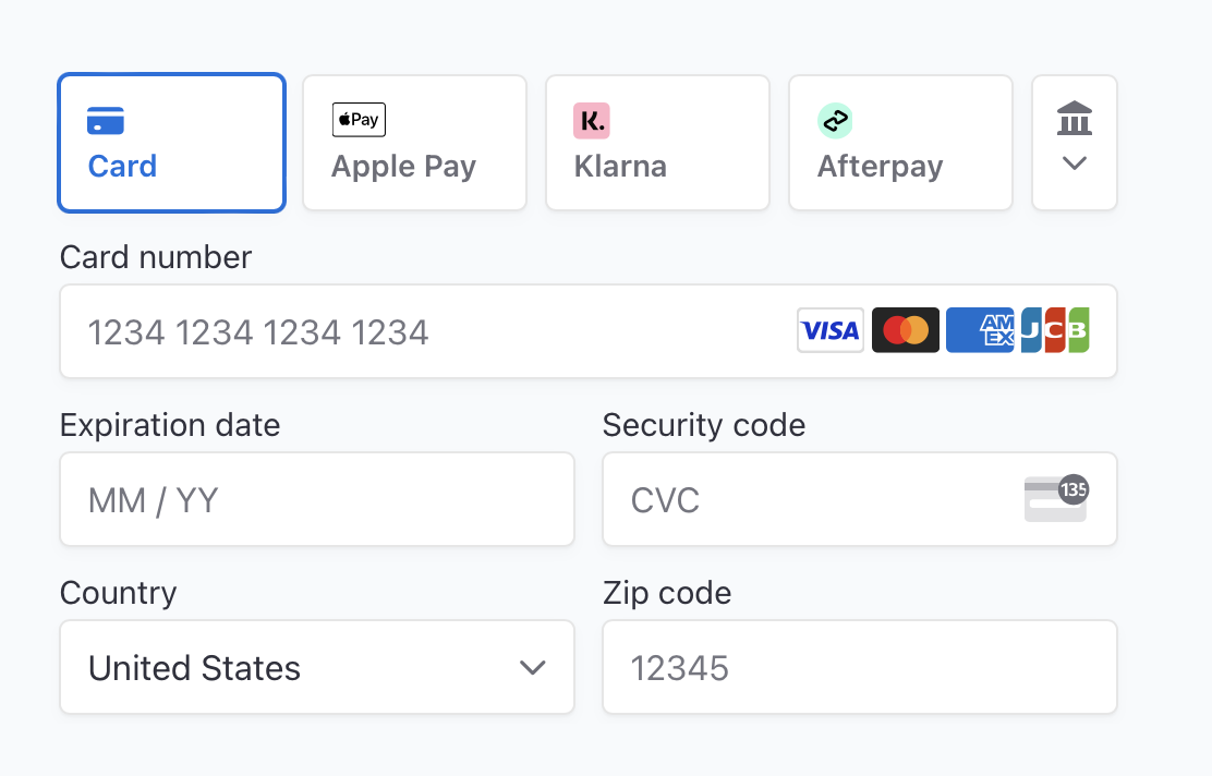 Stripe payment form with Card, Apple Pay, Klarna and Afterpay options and card number, expiry, CVC, country and zip fields