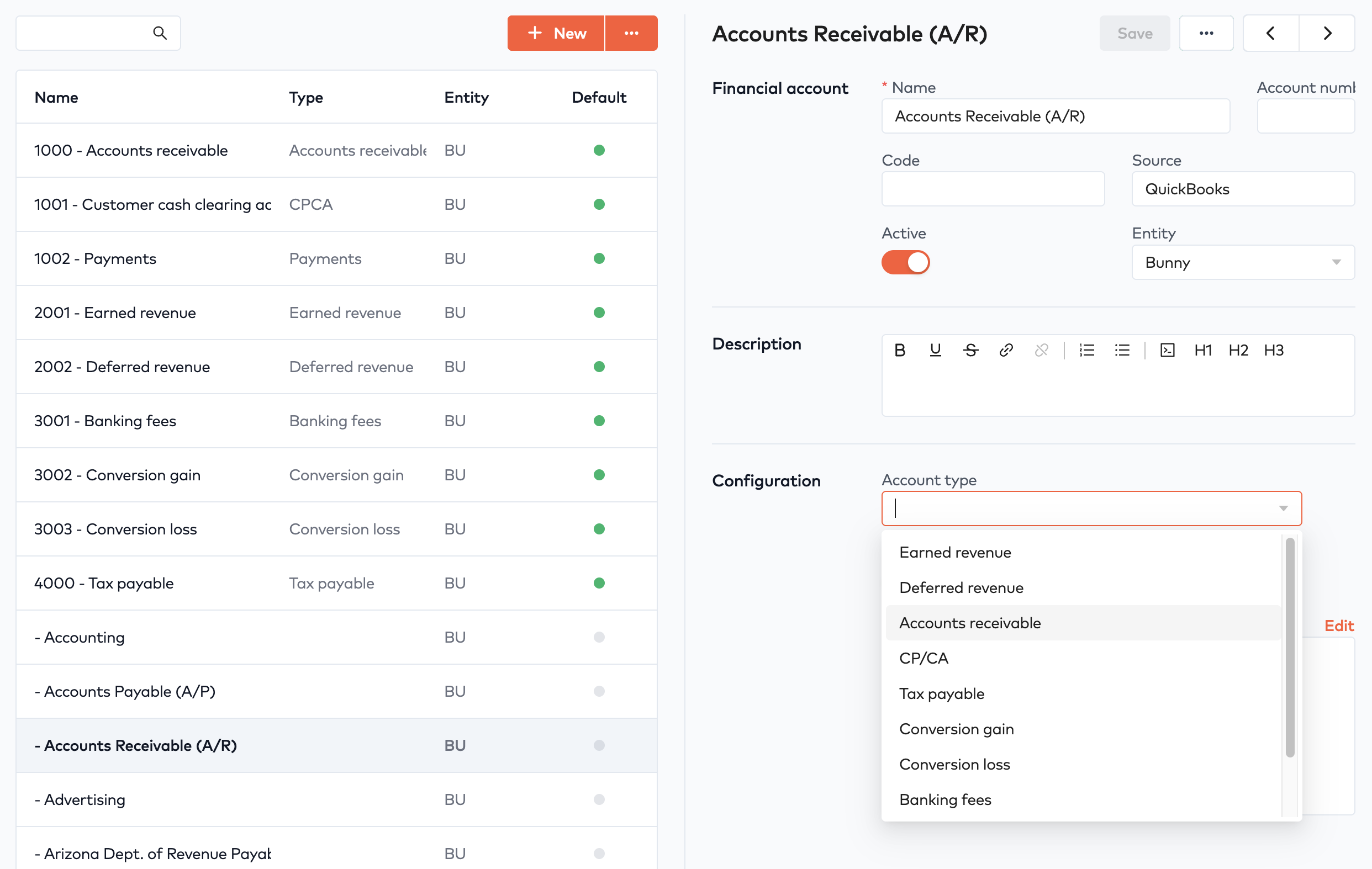 Imported QuickBooks Accounts Receivable (A/R) account with the Account type dropdown open