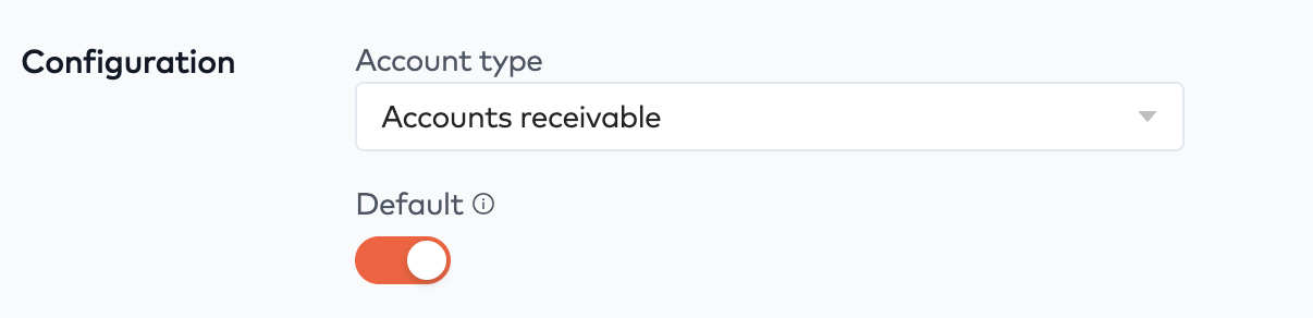Account type set to Accounts receivable with the Default toggle turned on