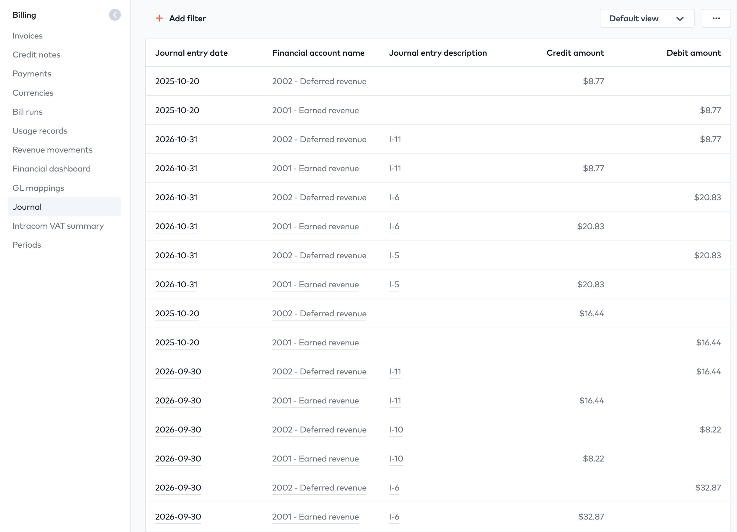 Journal list of deferred and earned revenue entries with credit and debit amounts per invoice