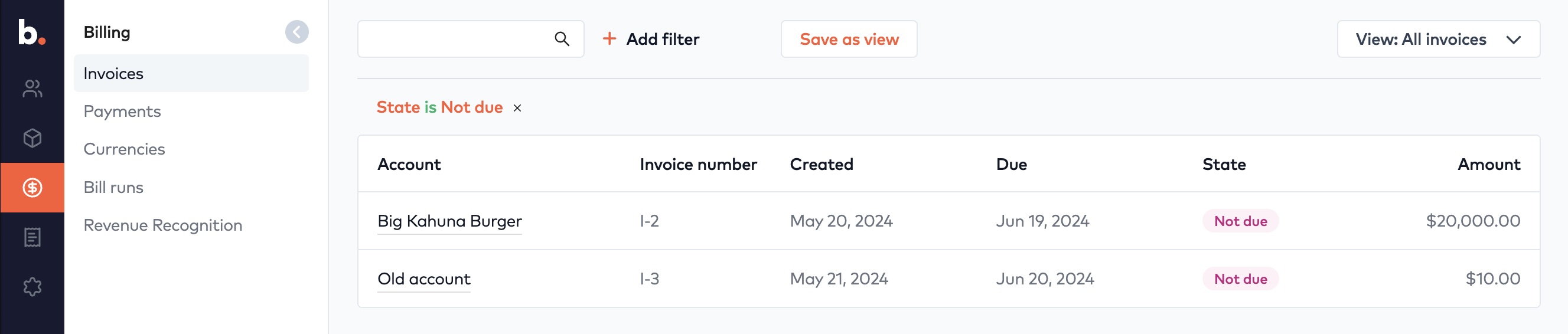 Billing > Invoices table filtered by State is Not due, showing account, invoice number, dates, state and amount