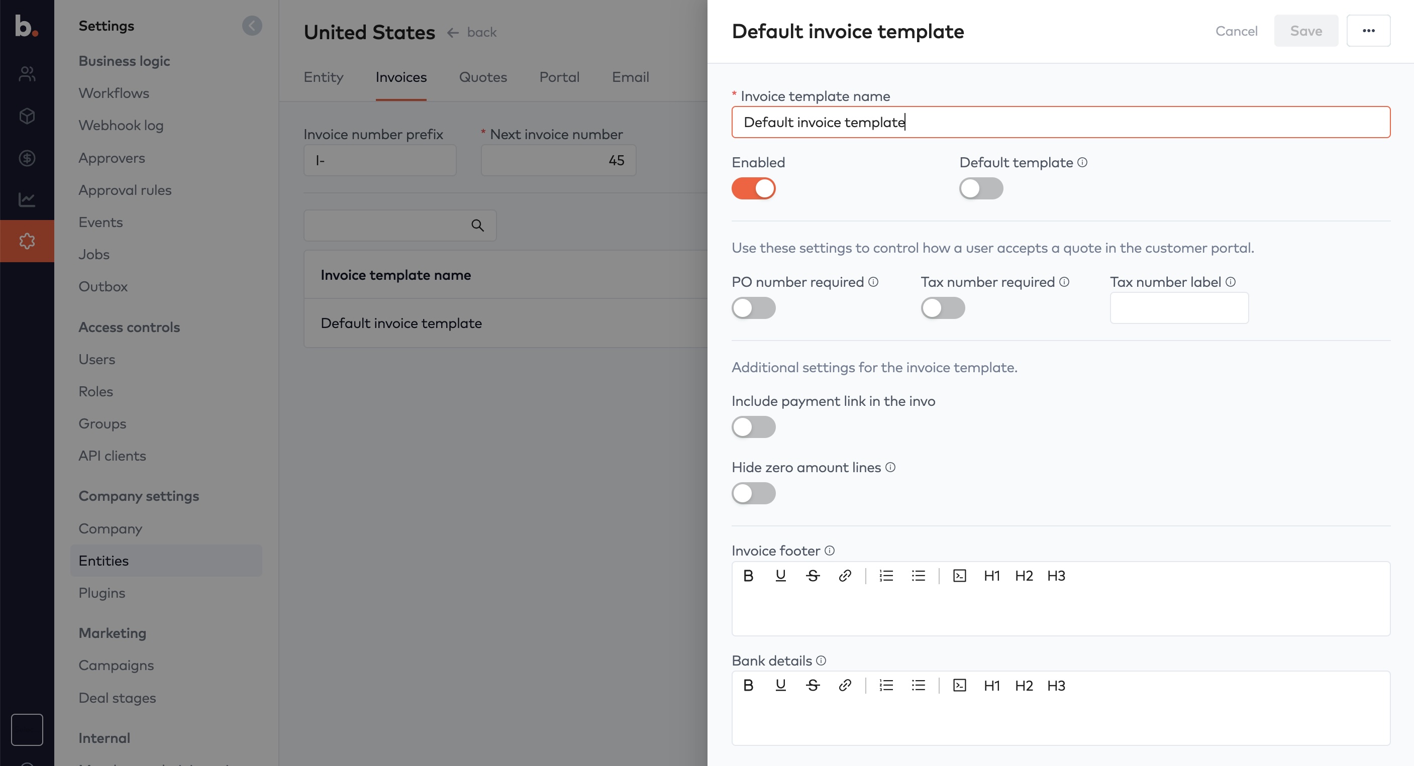 Invoice template form with PO number required, Tax number required, Invoice footer and Bank details settings
