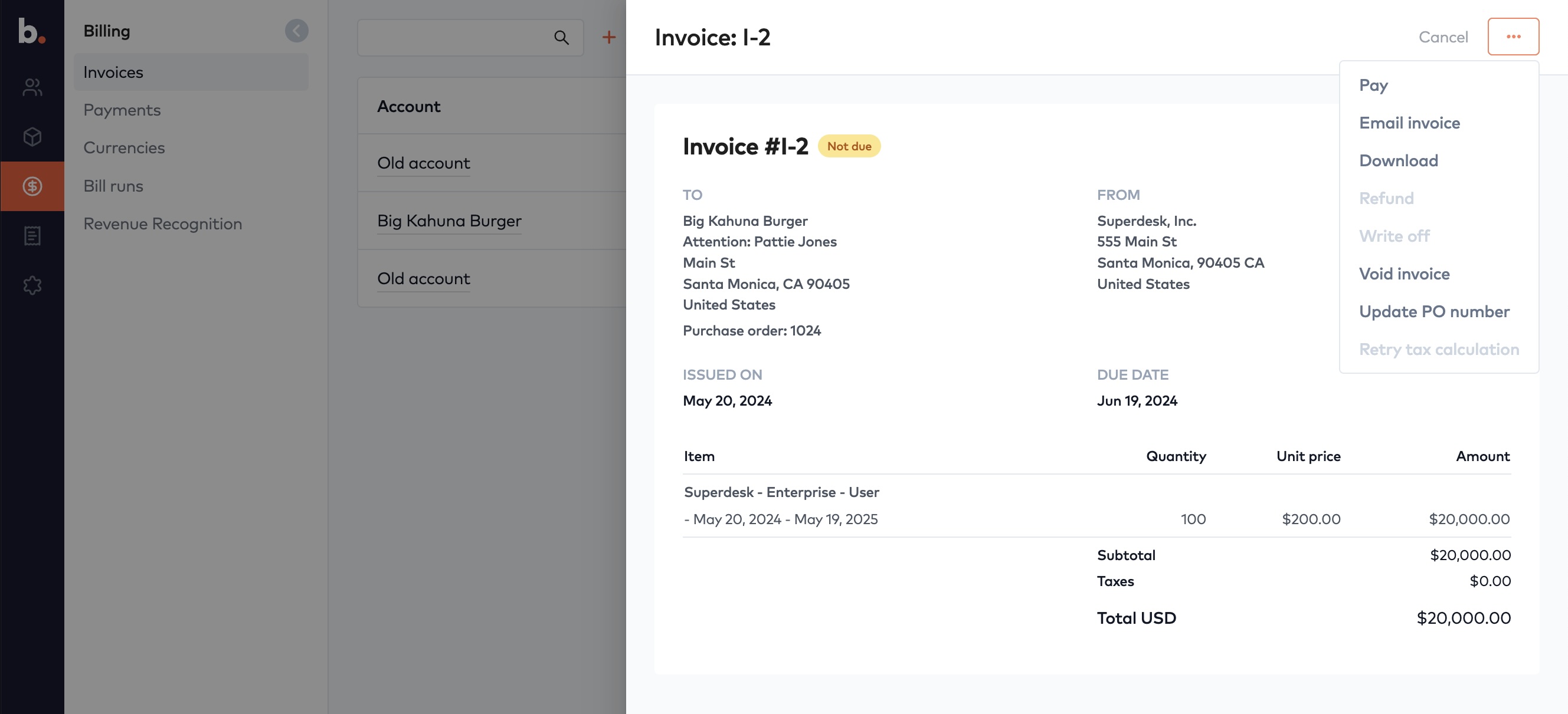 Invoice view with the ... menu open showing Pay, Email invoice, Download, Void invoice and Update PO number actions