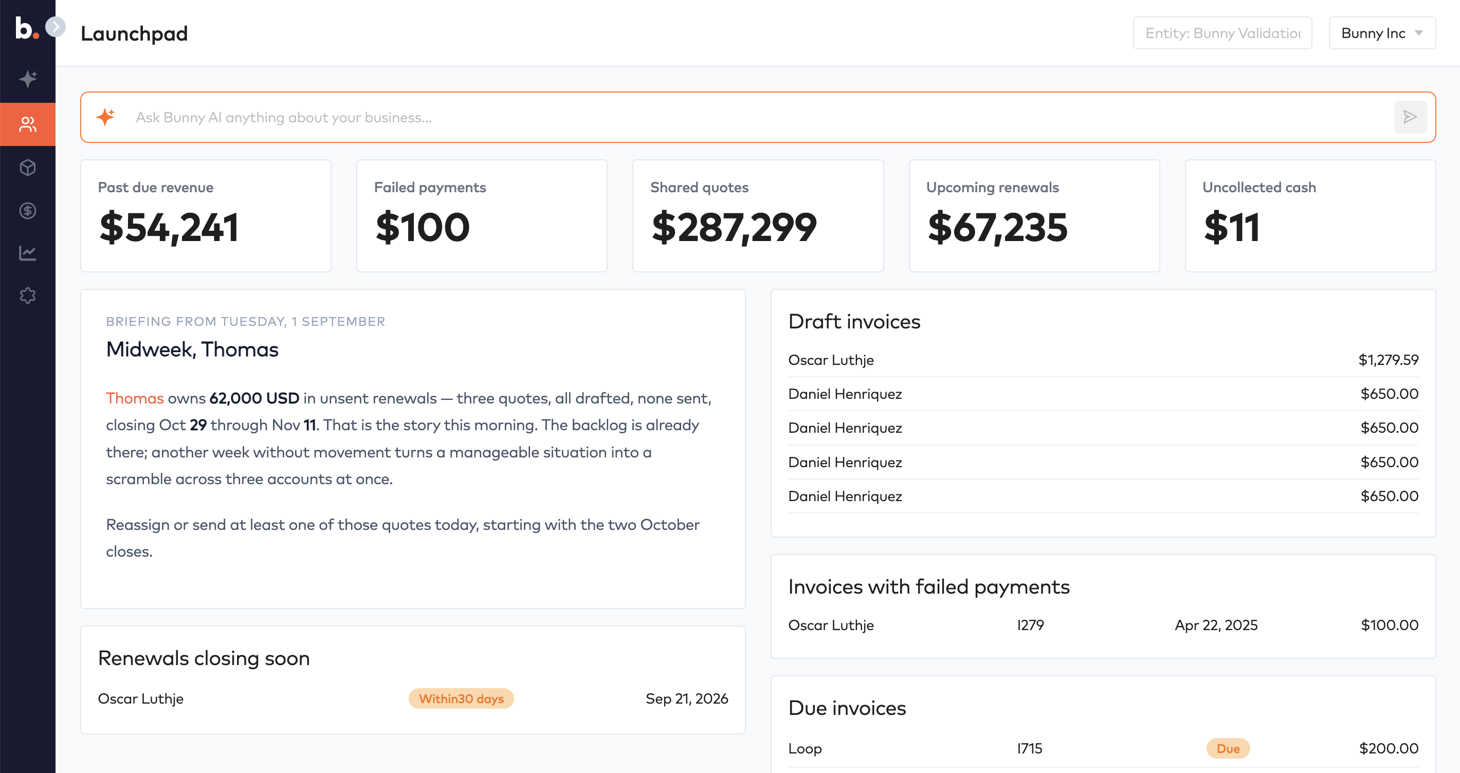 Launchpad with past due, failed payments and renewal totals, a daily briefing, and lists of draft, failed and due invoices