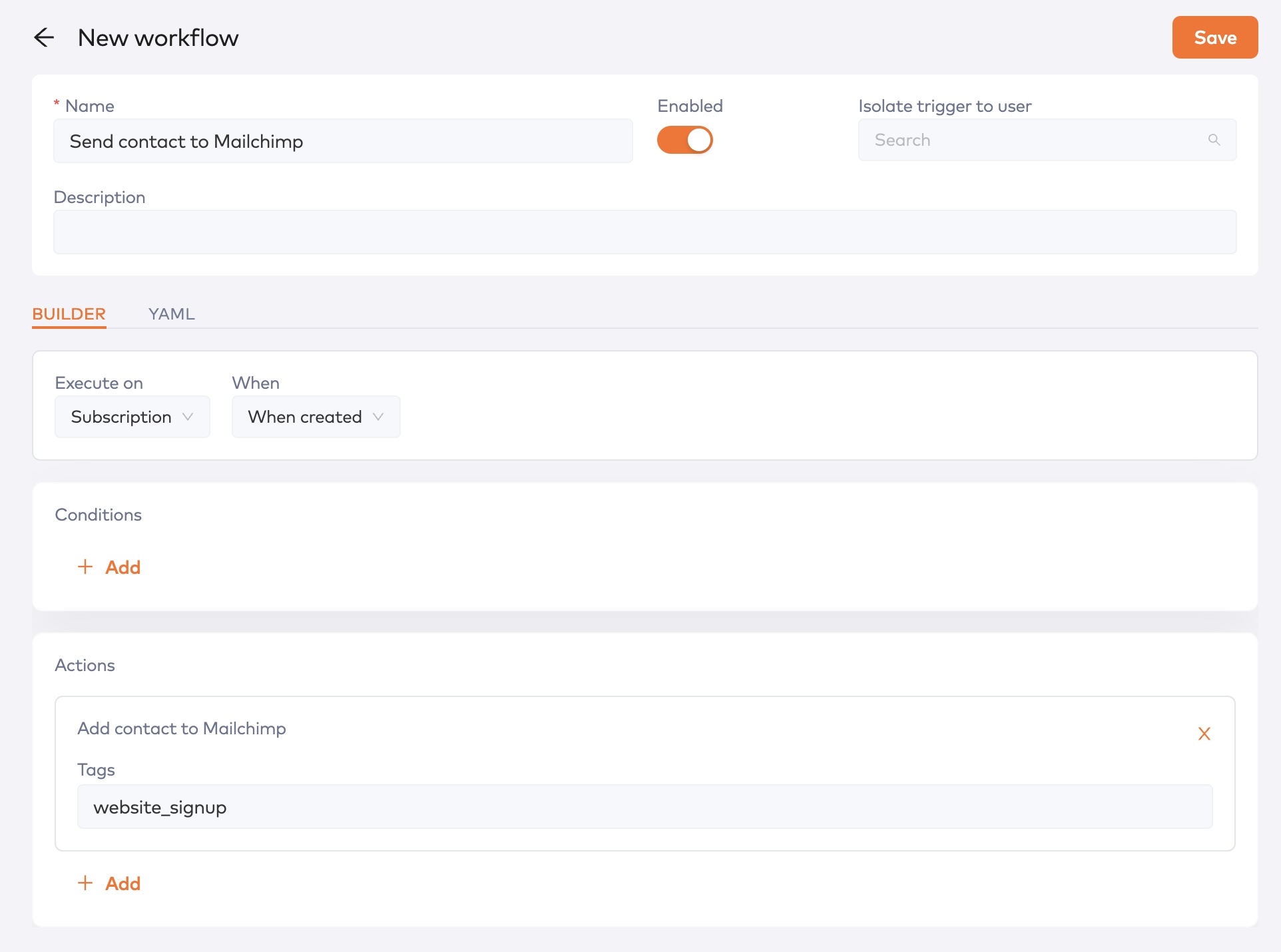 Workflow that runs when a Subscription is created, with an Add contact to Mailchimp action tagging the contact website_signup