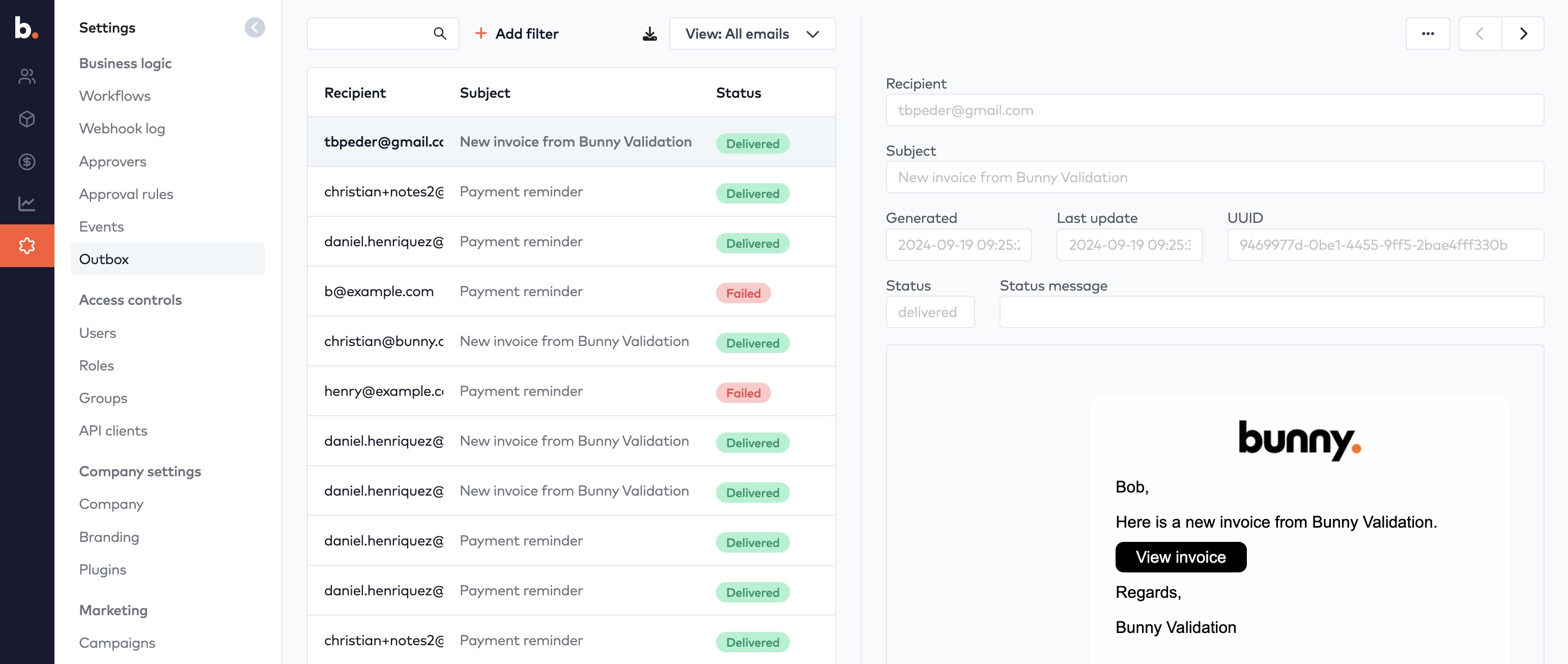 Outbox table of sent emails with Delivered and Failed statuses, and a selected email's details and preview