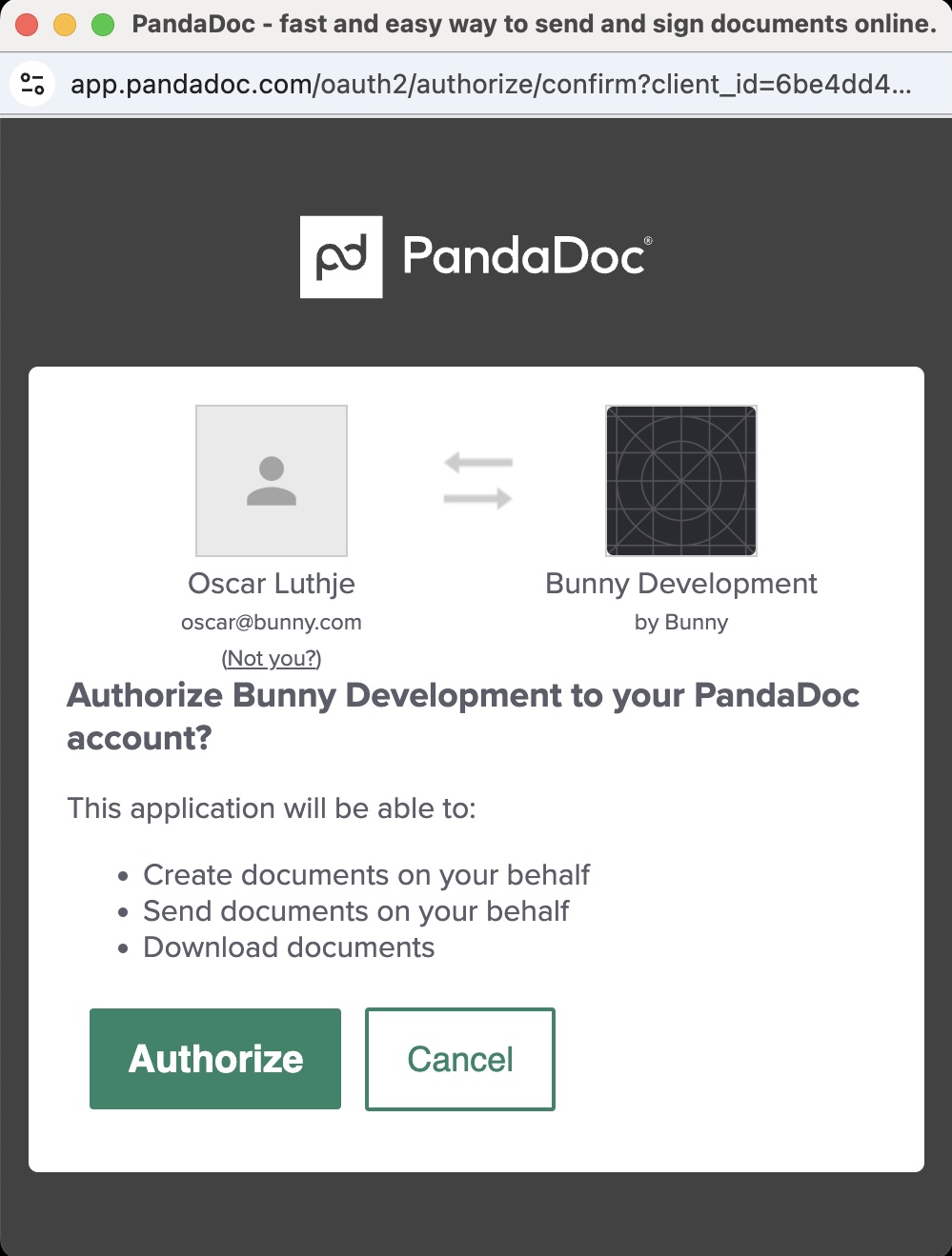 PandaDoc authorization popup asking to authorize Bunny to create, send and download documents, with an Authorize button