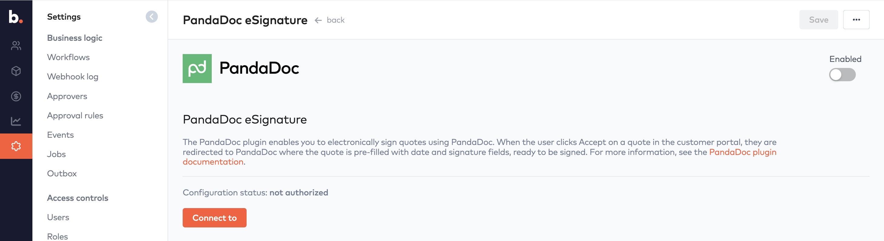 PandaDoc eSignature integration settings in Bunny with status not authorized and a Connect to button
