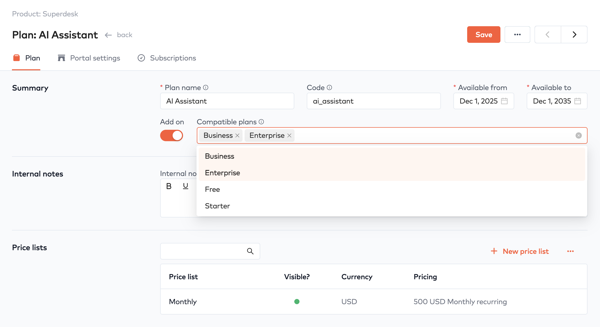 Plan form with the Add on toggle enabled and Business and Enterprise selected as Compatible plans