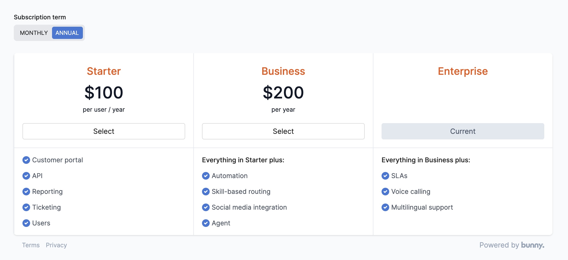 Everything-in-plus plan picker layout listing only the features each plan adds, e.g. Everything in Starter plus