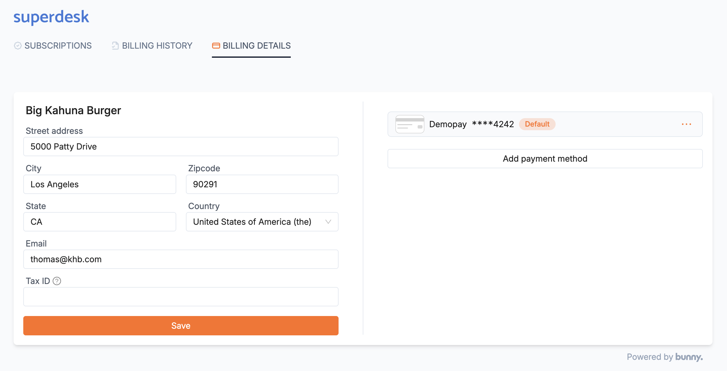 Customer portal Billing details tab with a billing address form and a saved card marked Default, plus Add payment method