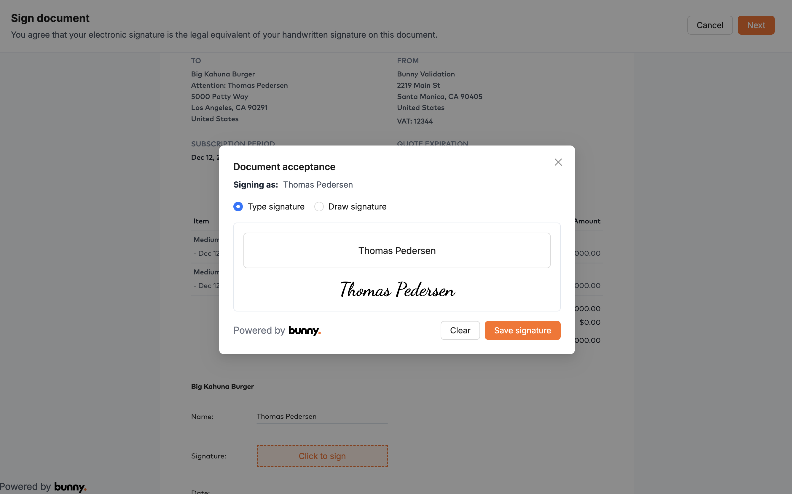 Bunny Sign Document acceptance dialog with Type signature and Draw signature options and a Save signature button