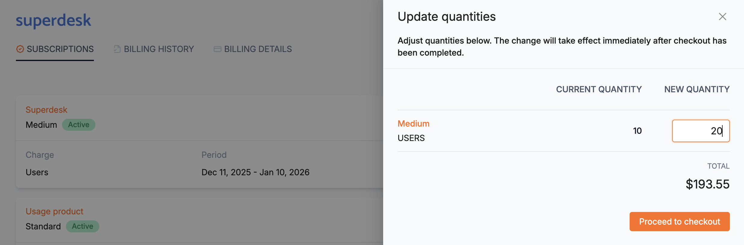 Update quantities panel changing Medium users from 10 to 20 with the total and a Proceed to checkout button