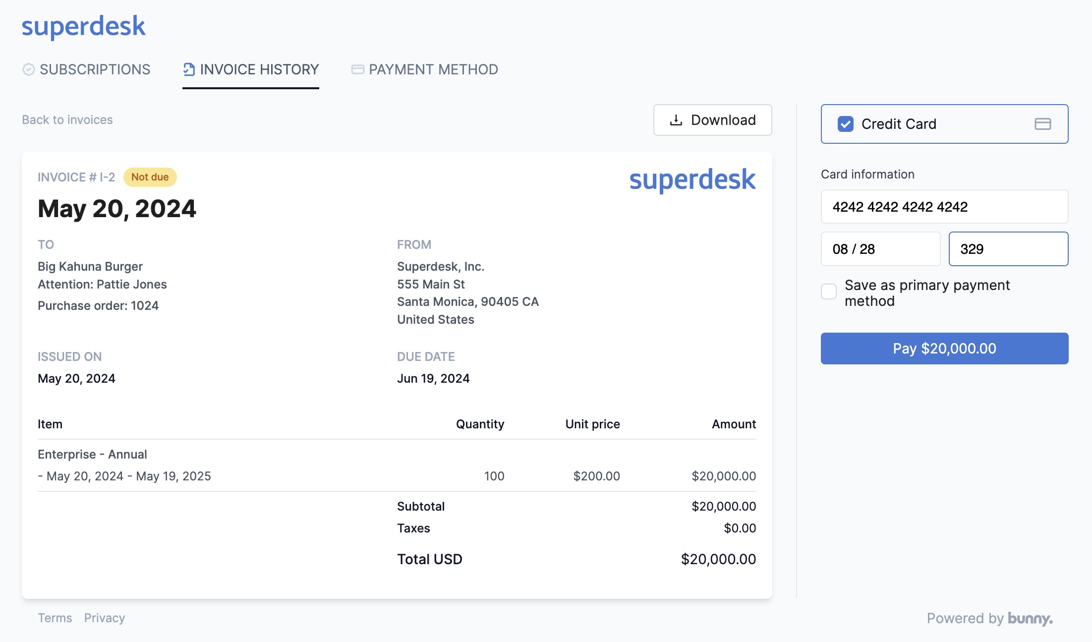 Portal invoice view with credit card details entered and a Pay $20,000.00 button