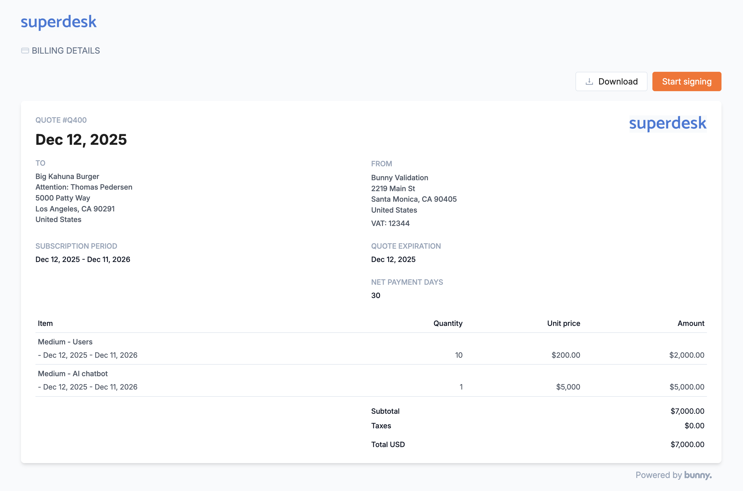 Quote displayed in the customer portal with line items and totals, and Download and Start signing buttons
