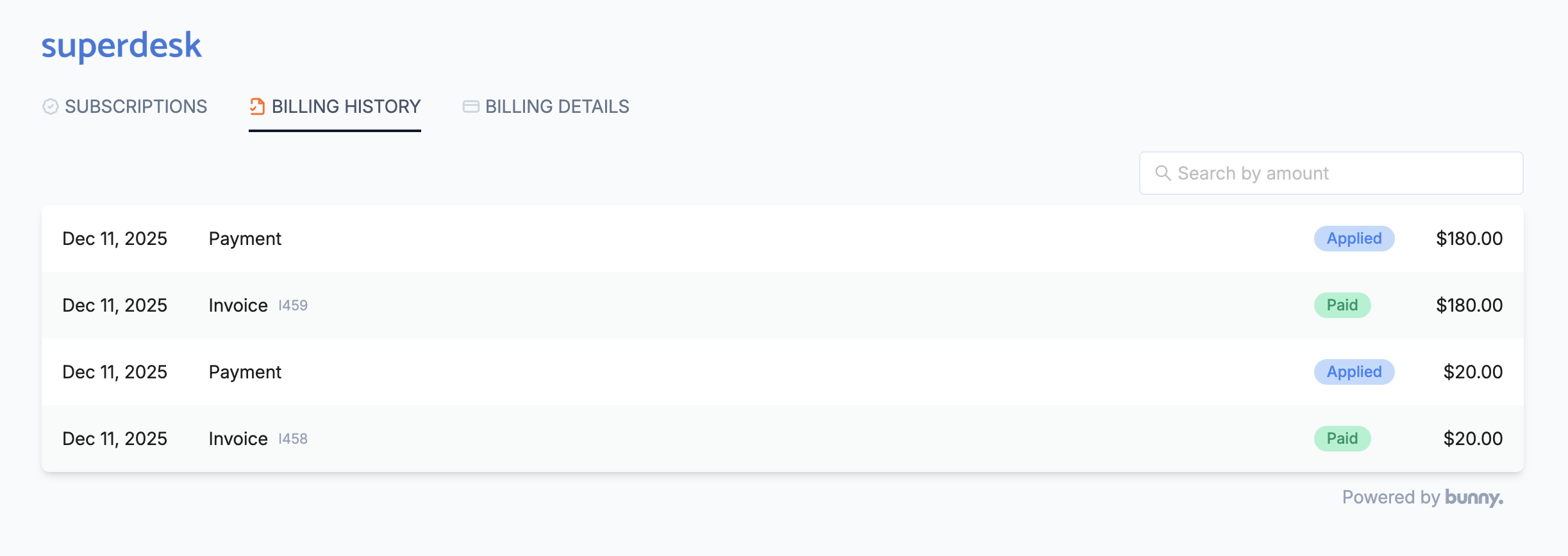 Customer portal Billing history tab listing payments marked Applied and invoices marked Paid