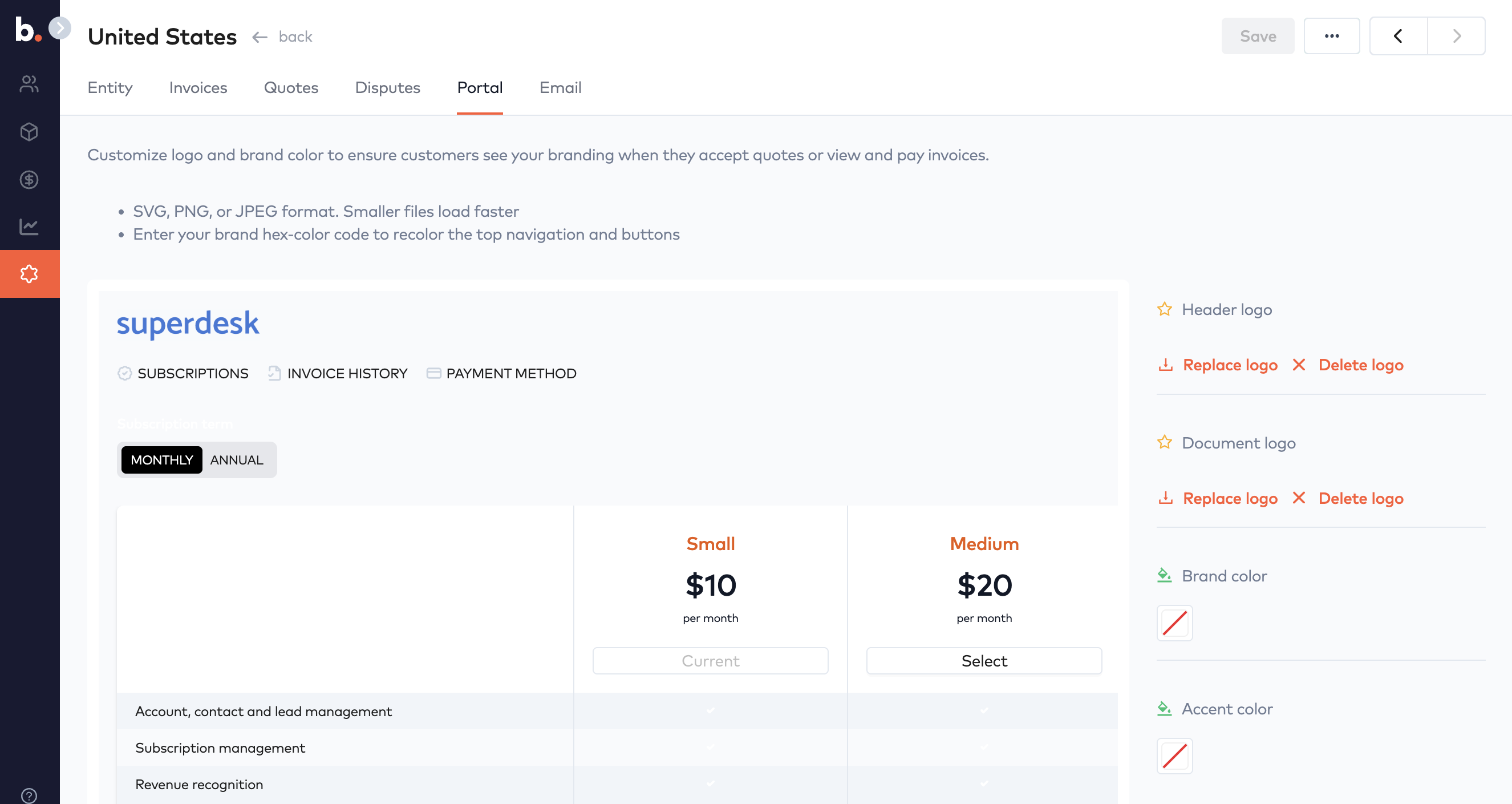 Entity Portal tab with a portal preview and settings for header logo, document logo, brand color and accent color