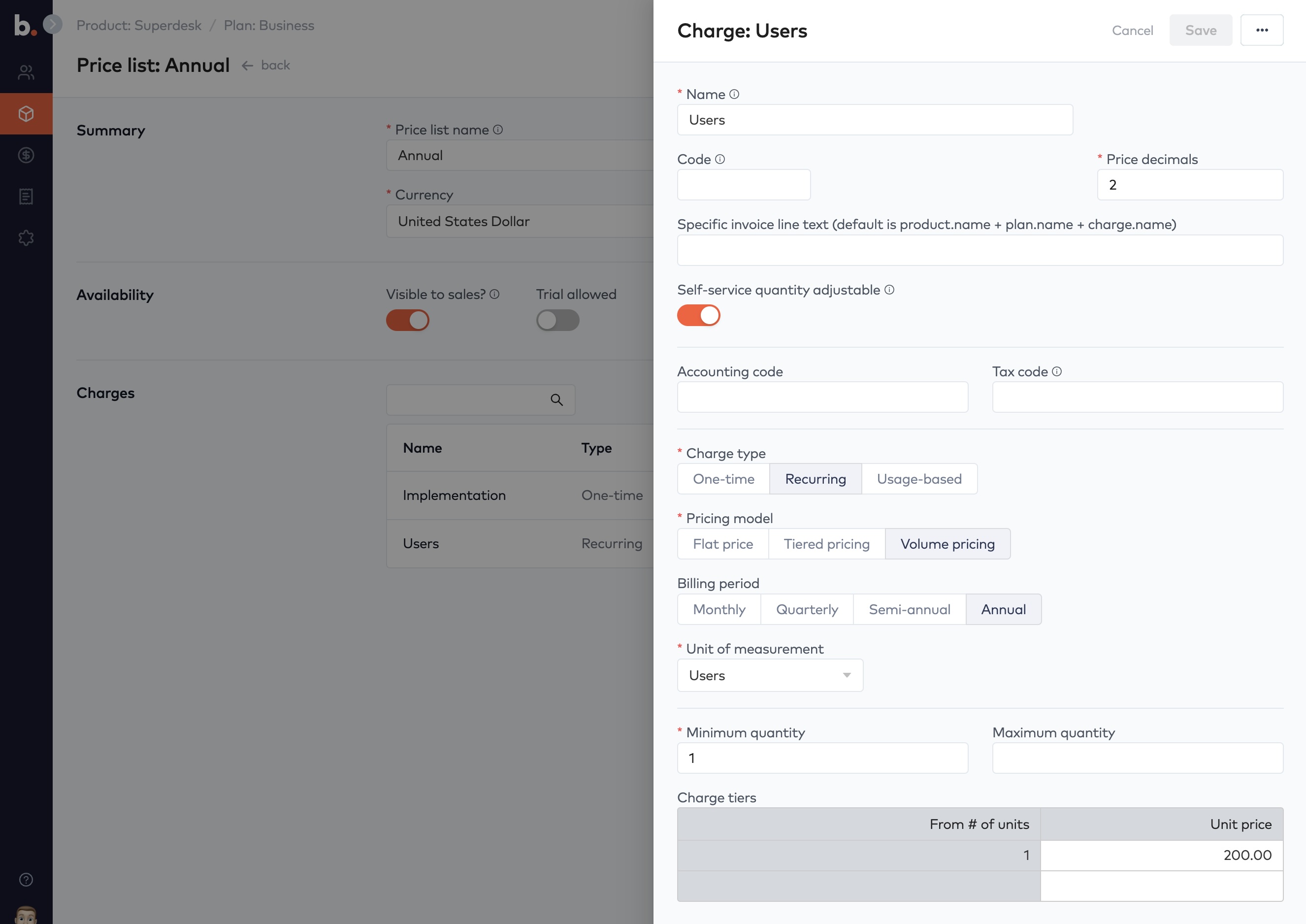 Price list charge form for Users with charge type, pricing model, billing period, unit of measurement and charge tiers