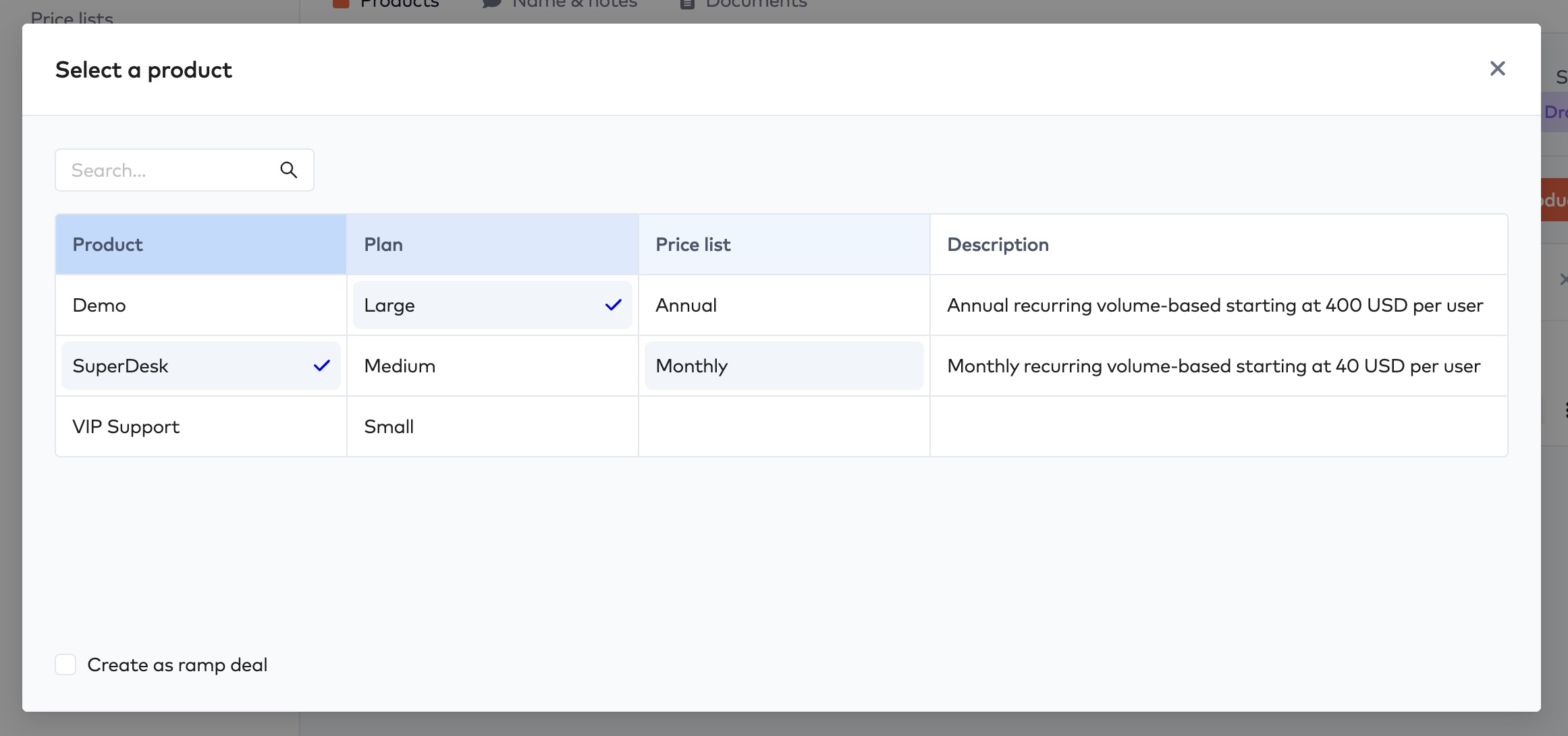 Select a product dialog with Product, Plan and Price list columns and a Create as ramp deal checkbox