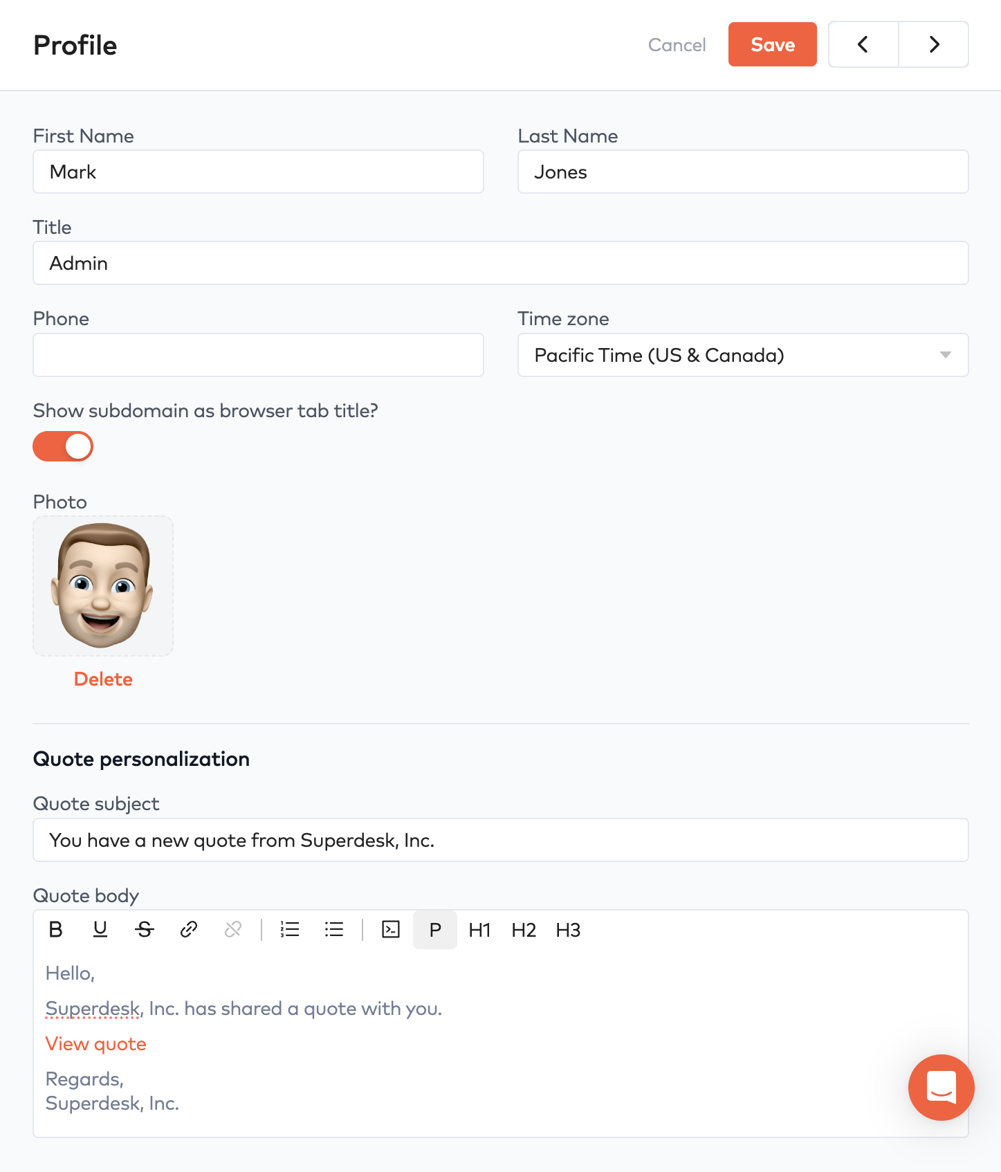 Profile page with name, title, time zone, Show subdomain as browser tab title toggle, photo and Quote personalization fields